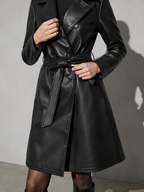 Women's PU Leather Mid-Length Windbreaker in Black, 05 adjusting, worn by model