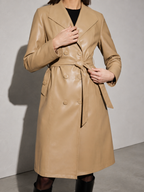 Women's PU Leather Mid-Length Windbreaker in Khaki, 05 adjusting, worn by model