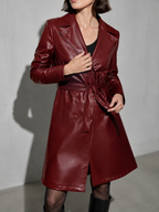 Women's PU Leather Mid-Length Windbreaker in Red, 05 adjusting, worn by model