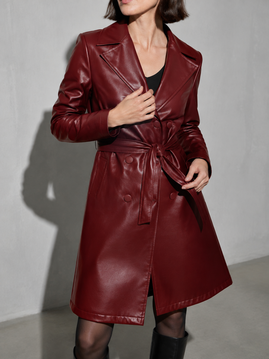 Women's PU Leather Mid-Length Windbreaker in Red, 05 adjusting, worn by model