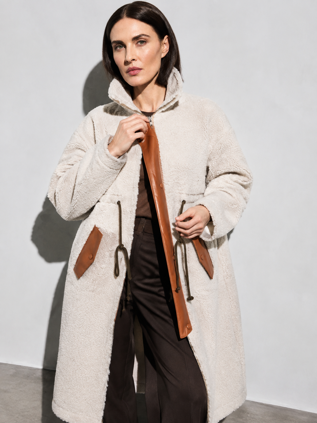 Women's Mid-Length Colorblock Wool Coat in Picture Color, 05 adjusting, worn by model