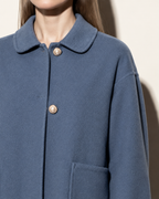 Women's Cropped Button-Front Woolen Jacket for Layering in Haze Blue, 05 material macro, worn by model