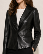 Women's Cropped Faux Leather Blazer with Lapel Collar in Black, 05 material macro, worn by model