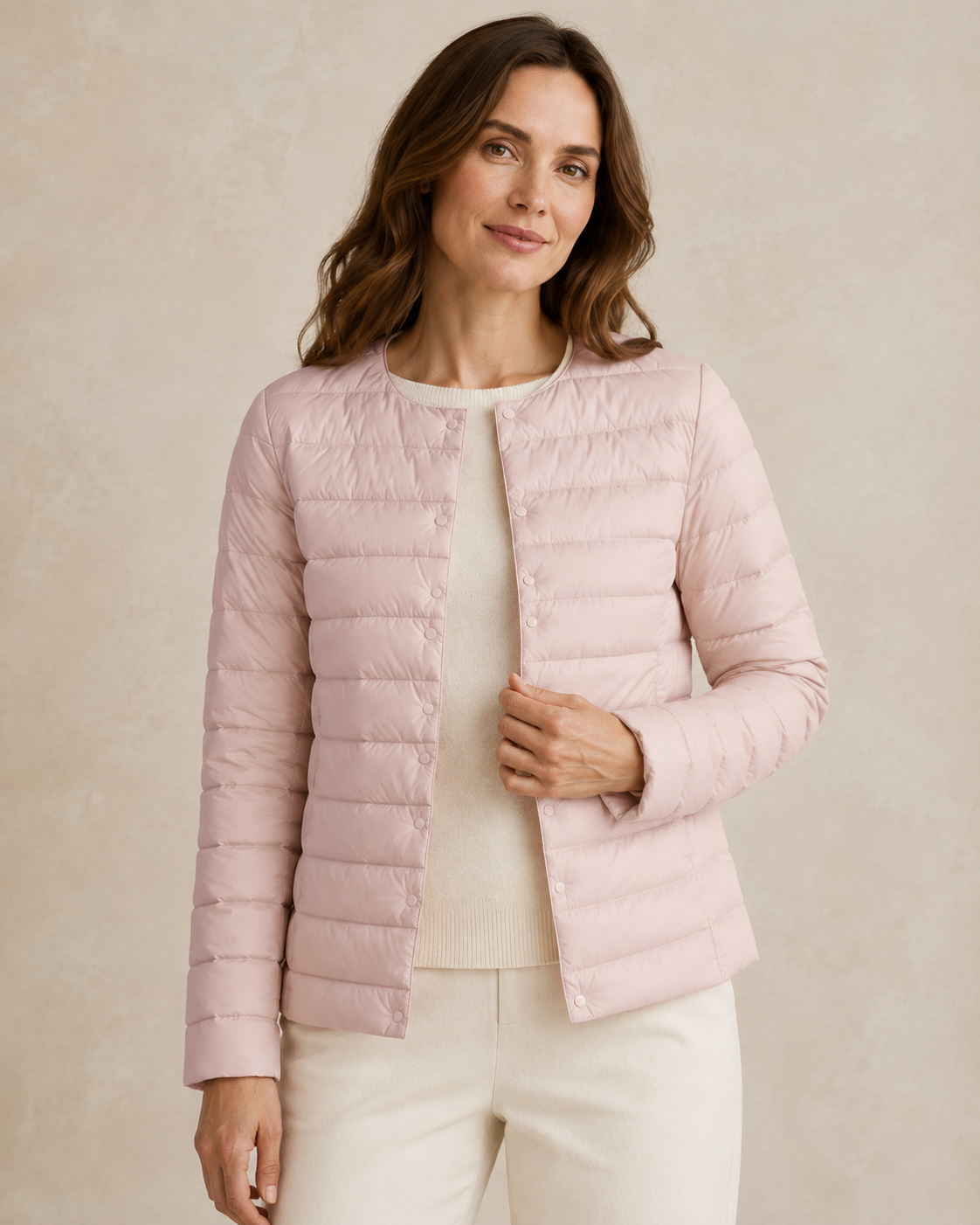 Women's Lightweight Down-Filled Quilted Jacket for Layering in Light Purple, 05 material macro, worn by model