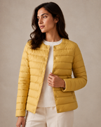 Women's Lightweight Down-Filled Quilted Jacket for Layering in Ginger Yellow, 05 material macro, worn by model