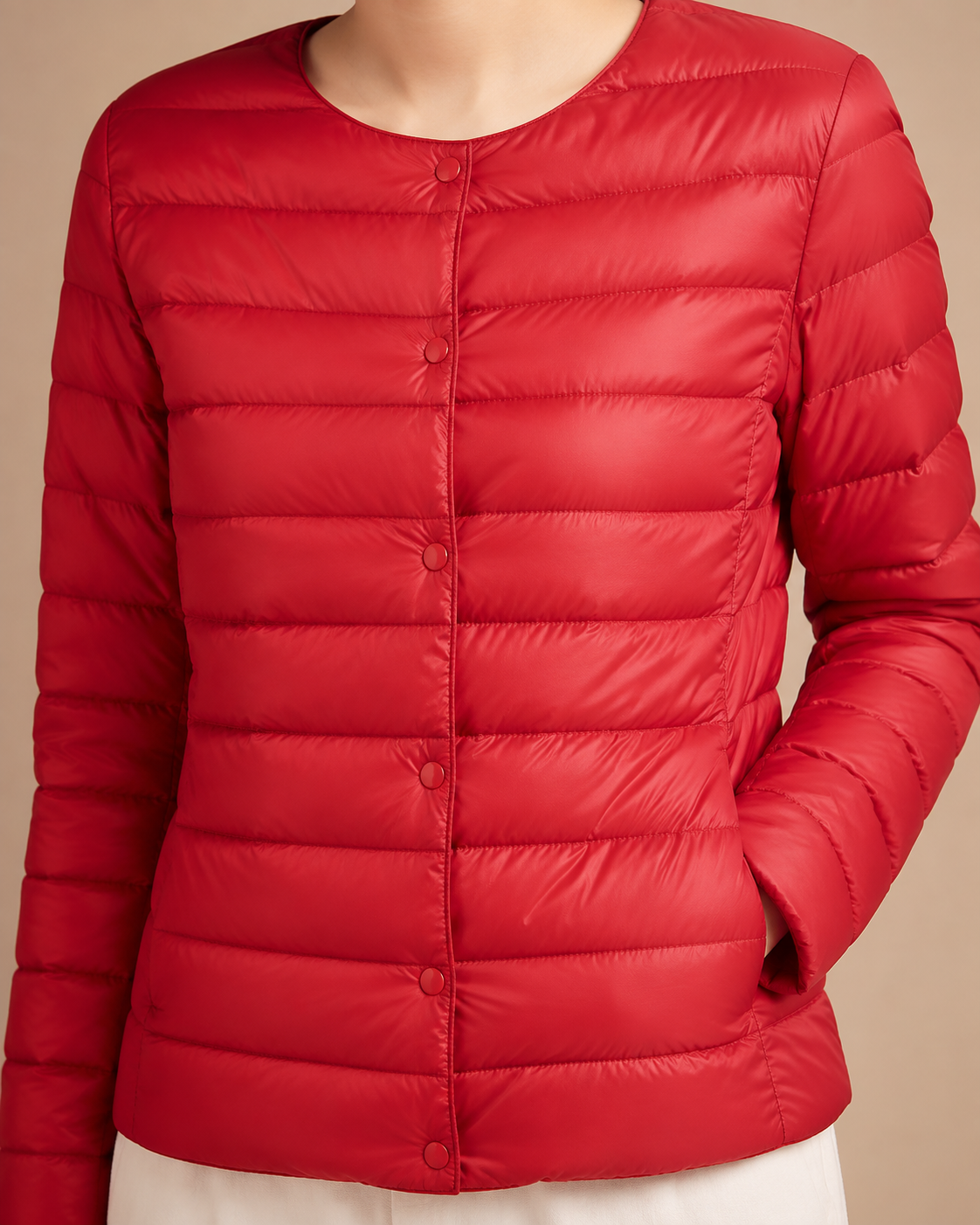 Women's Lightweight Down-Filled Quilted Jacket for Layering in Red, 05 material macro, worn by model