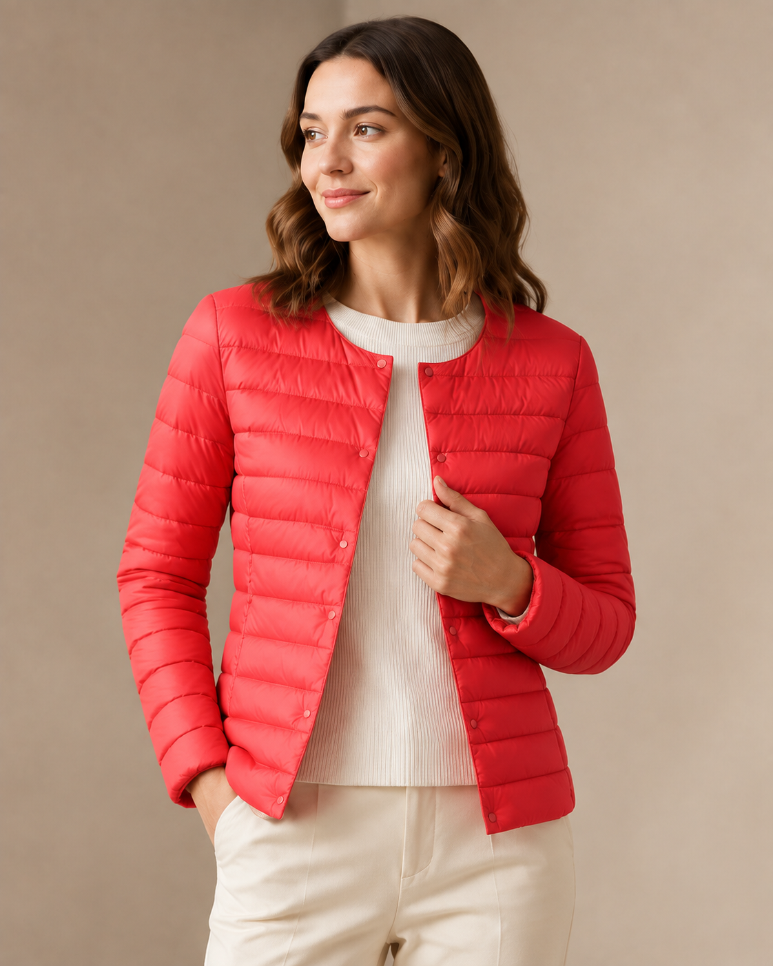 Women's Lightweight Down-Filled Quilted Jacket for Layering in Delightful Red, 05 material macro, worn by model