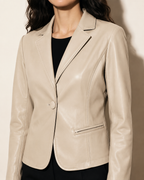 Women's Cropped Faux Leather Blazer with Lapel Collar in Beige, 05 material macro, worn by model