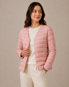 Women's Lightweight Down-Filled Quilted Jacket for Layering in Cherry Blossom Pink, 05 material macro, worn by model