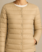 Women's Lightweight Down-Filled Quilted Jacket for Layering in Khaki, 05 material macro, worn by model