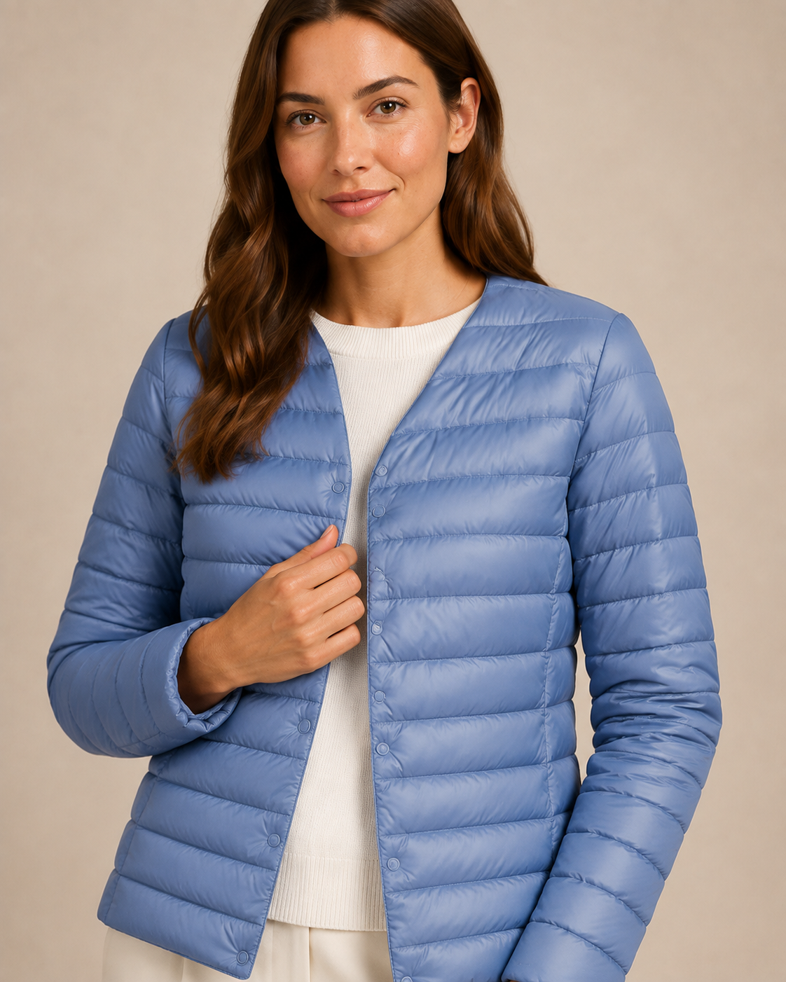 Women's Lightweight Down-Filled Quilted Jacket for Layering in Light Blue, 05 material macro, worn by model