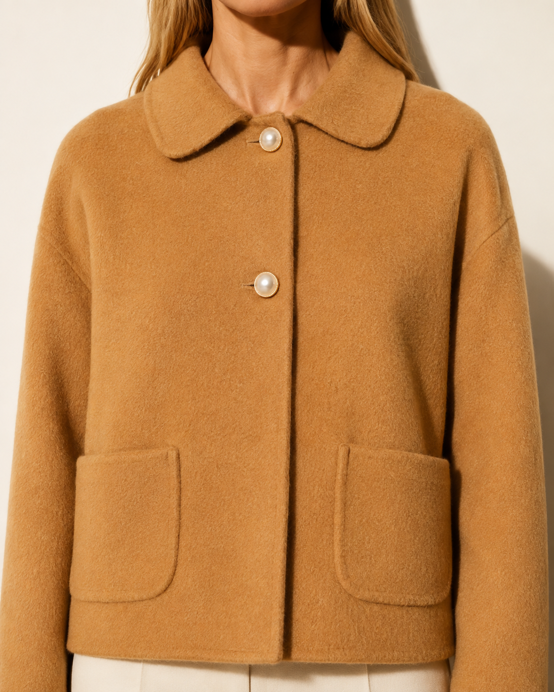 Women's Cropped Button-Front Woolen Jacket for Layering in Camel, 05 material macro, worn by model