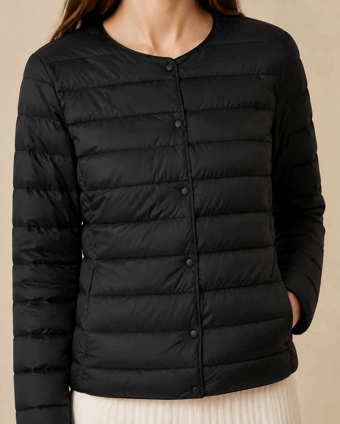 Women's Lightweight Down-Filled Quilted Jacket for Layering in Black, 05 material macro, worn by model