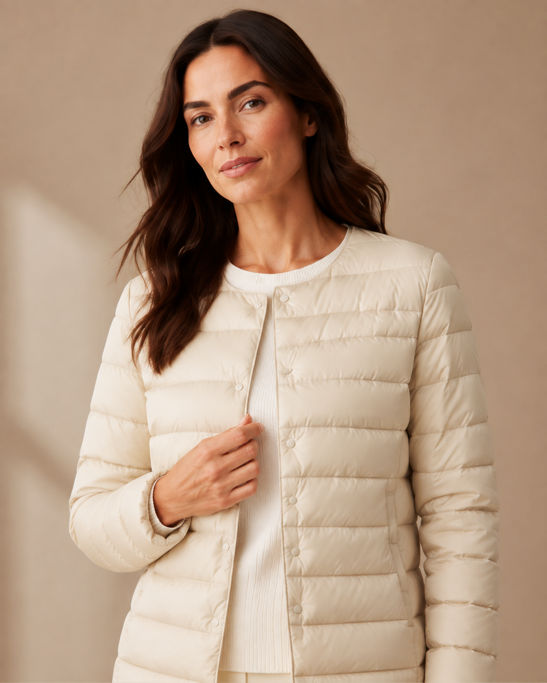 Women's Lightweight Down-Filled Quilted Jacket for Layering in Beige, 05 material macro, worn by model