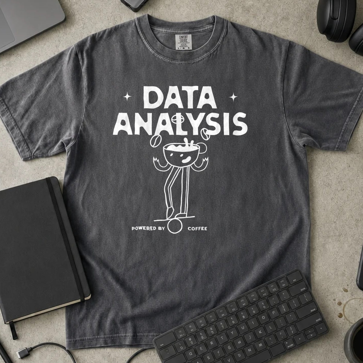 Data Analysis Powered by Coffee Shirt in Pepper, Comfort Colors 1717 tee flat lay