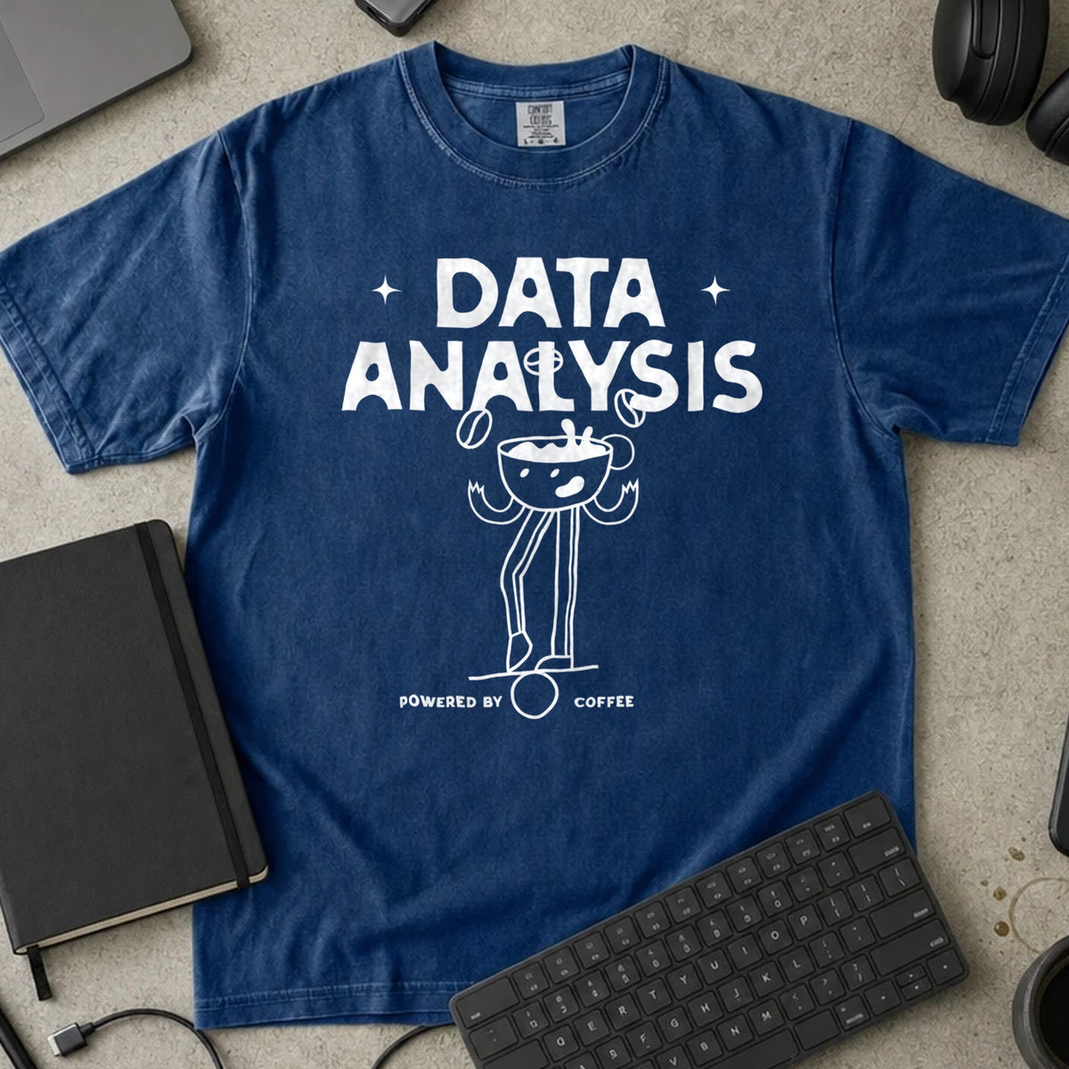Data Analysis Powered by Coffee Shirt in True Navy, Comfort Colors 1717 tee flat lay