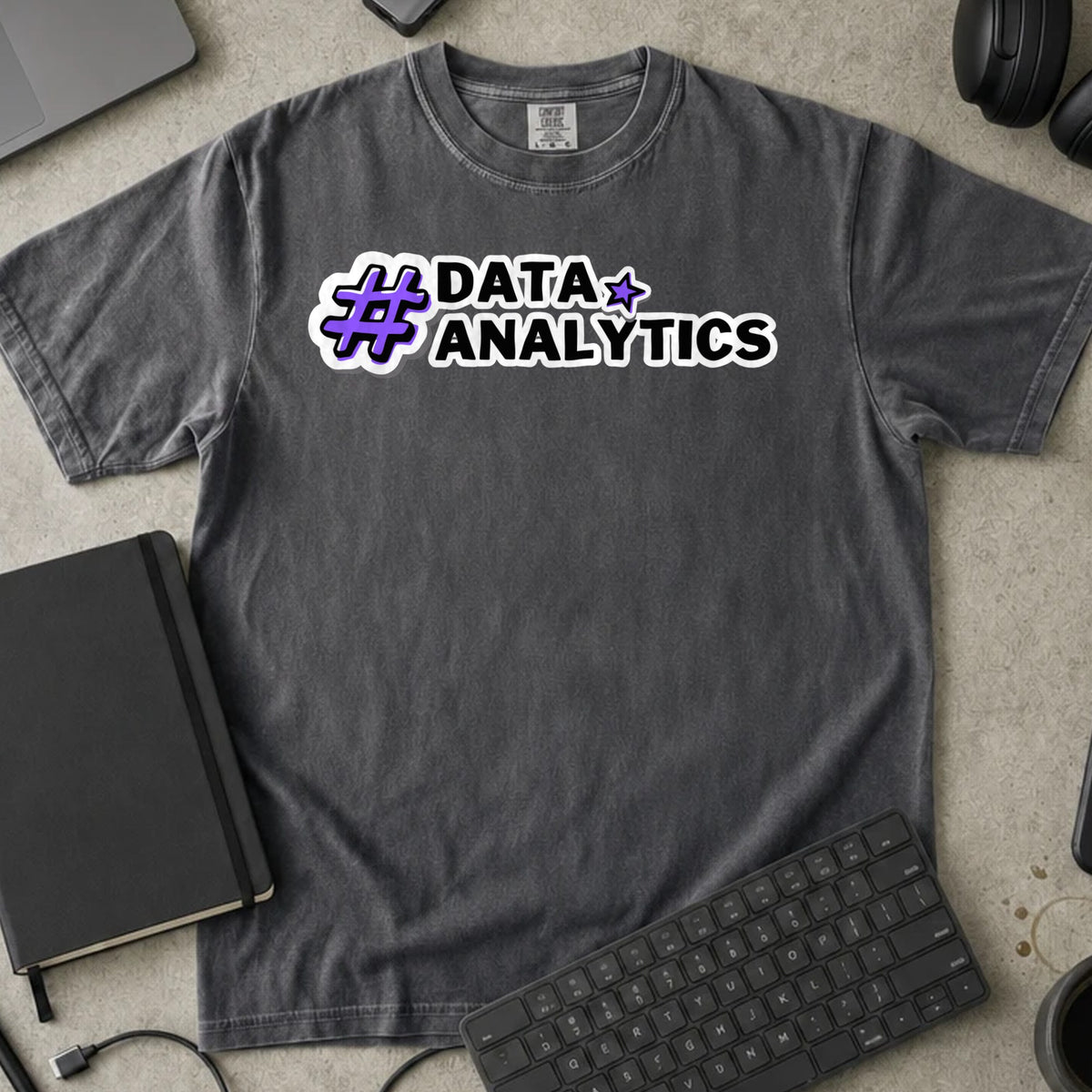 Data Analytics Hashtag Shirt in Pepper, Comfort Colors 1717 tee flat lay