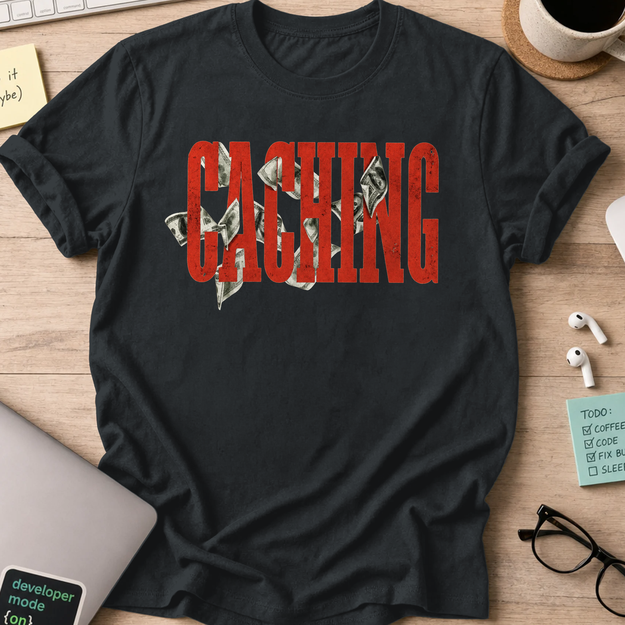 Caching Money Retro Typography Shirt — Black storefront mockup