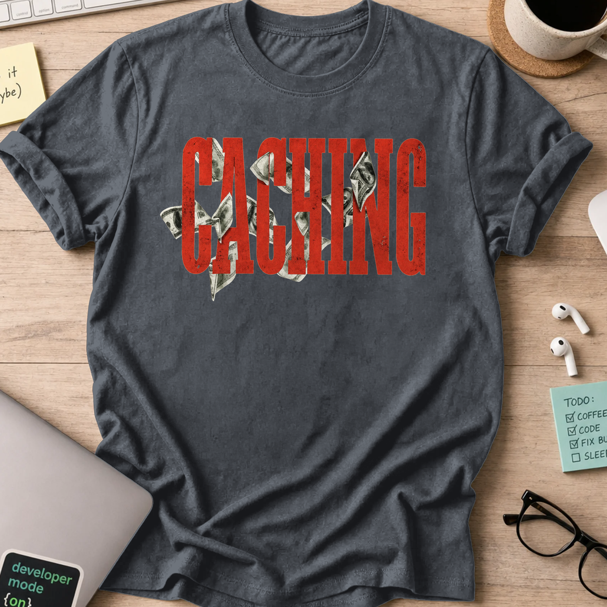 Caching Money Retro Typography Shirt — Dark Heather storefront mockup