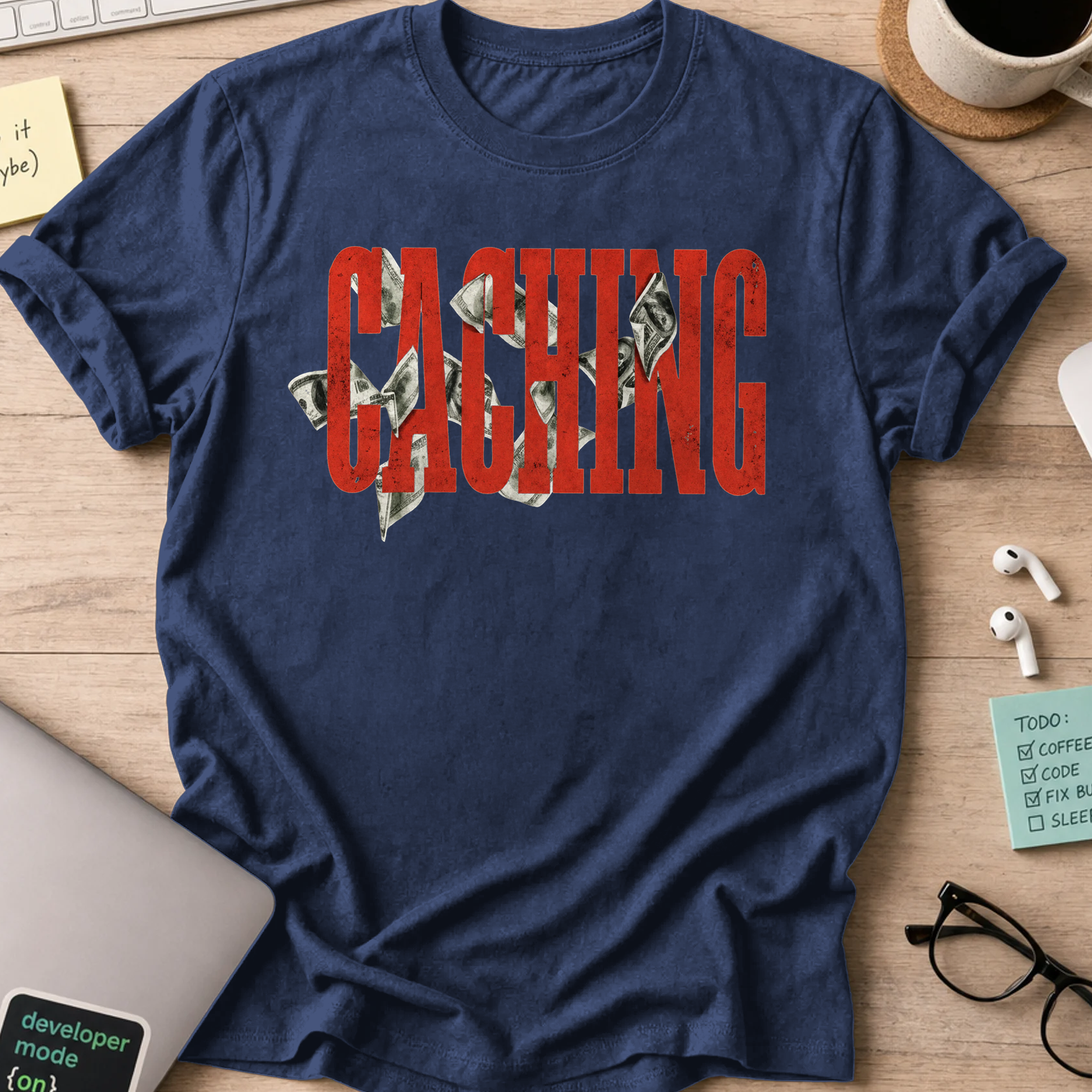 Caching Money Retro Typography Shirt — Navy storefront mockup