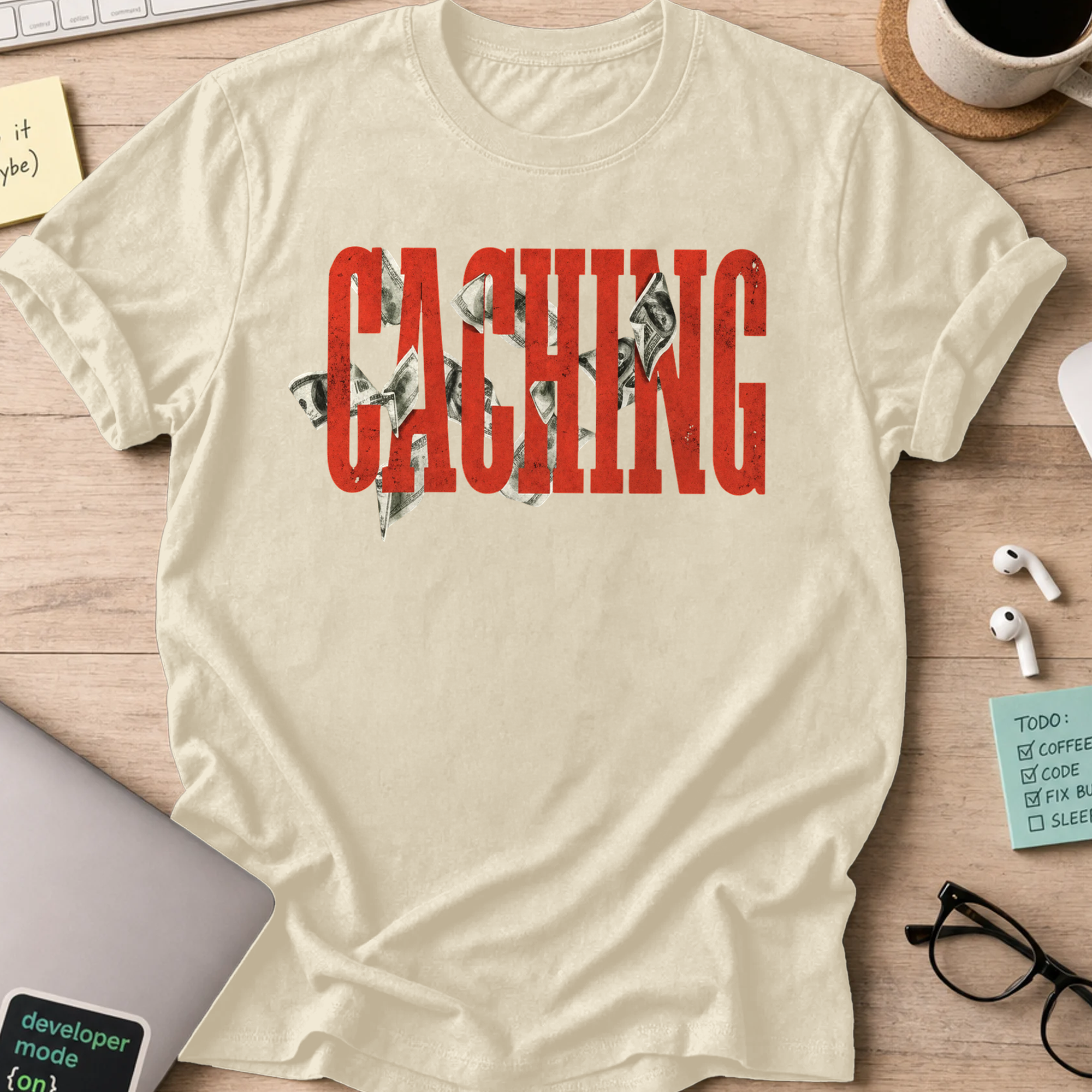 Caching Money Retro Typography Shirt — Natural storefront mockup