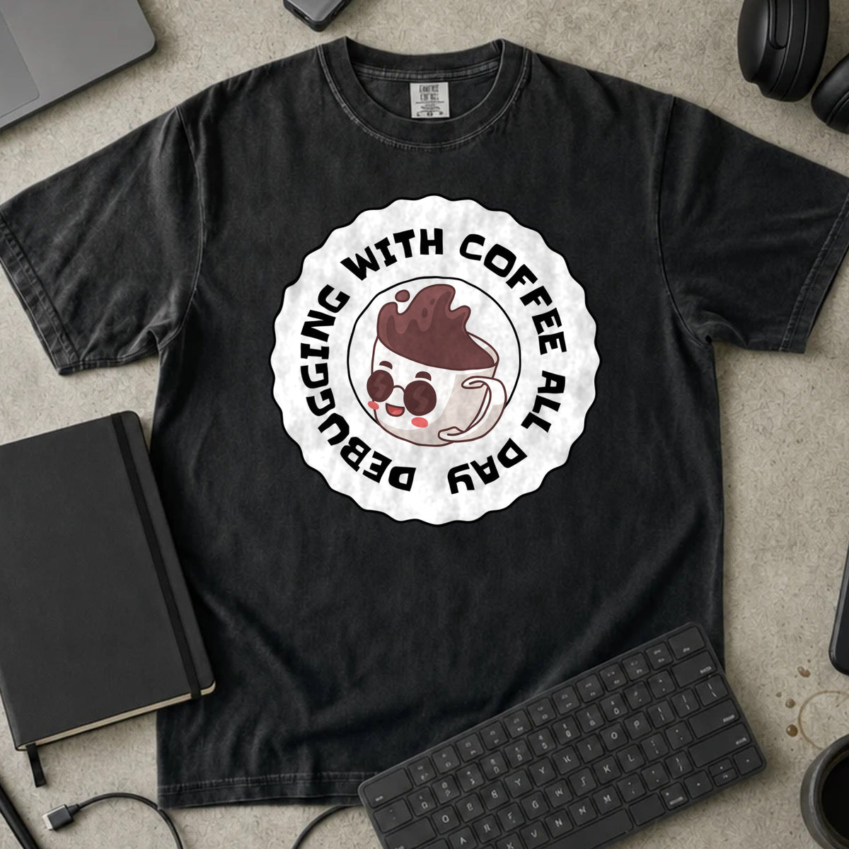 Debugging With Coffee All Day Shirt in Black, Comfort Colors 1717 tee flat lay