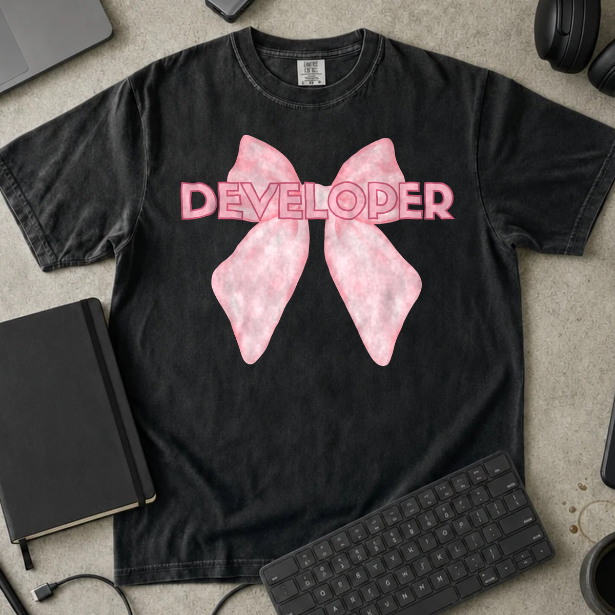 Developer Bow Shirt in Black, Comfort Colors 1717 tee flat lay