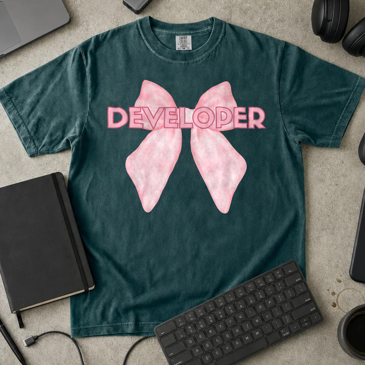 Developer Bow Shirt in Blue Spruce, Comfort Colors 1717 tee flat lay