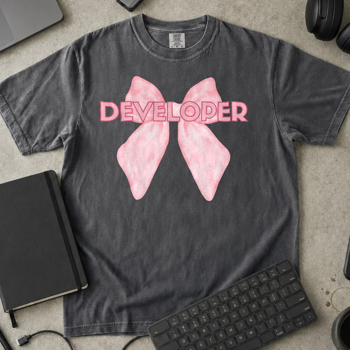 Developer Bow Shirt in Pepper, Comfort Colors 1717 tee flat lay