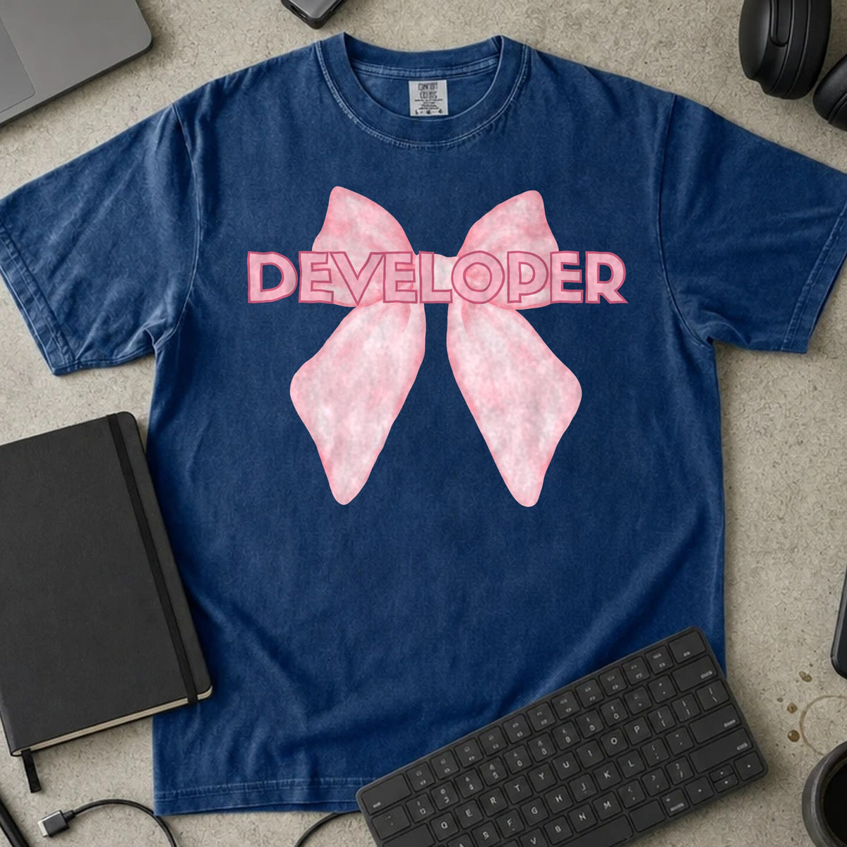 Developer Bow Shirt in True Navy, Comfort Colors 1717 tee flat lay