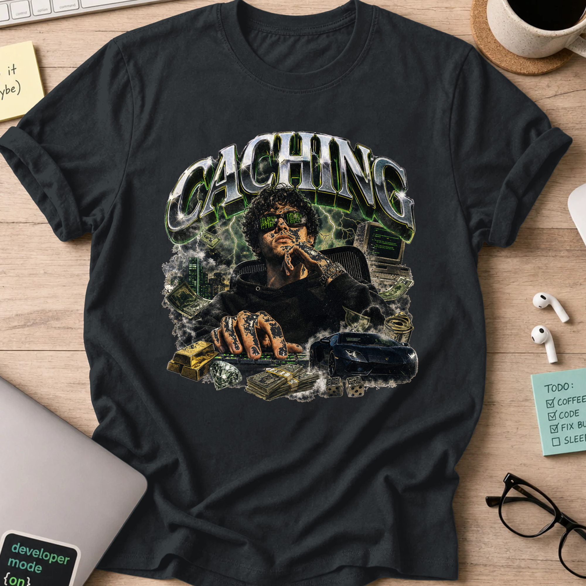 Caching Cyberpunk Graphic Shirt — Black storefront mockup