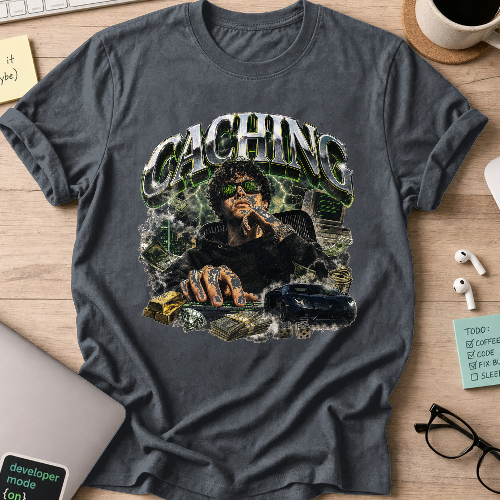 Caching Cyberpunk Graphic Shirt — Dark Heather storefront mockup
