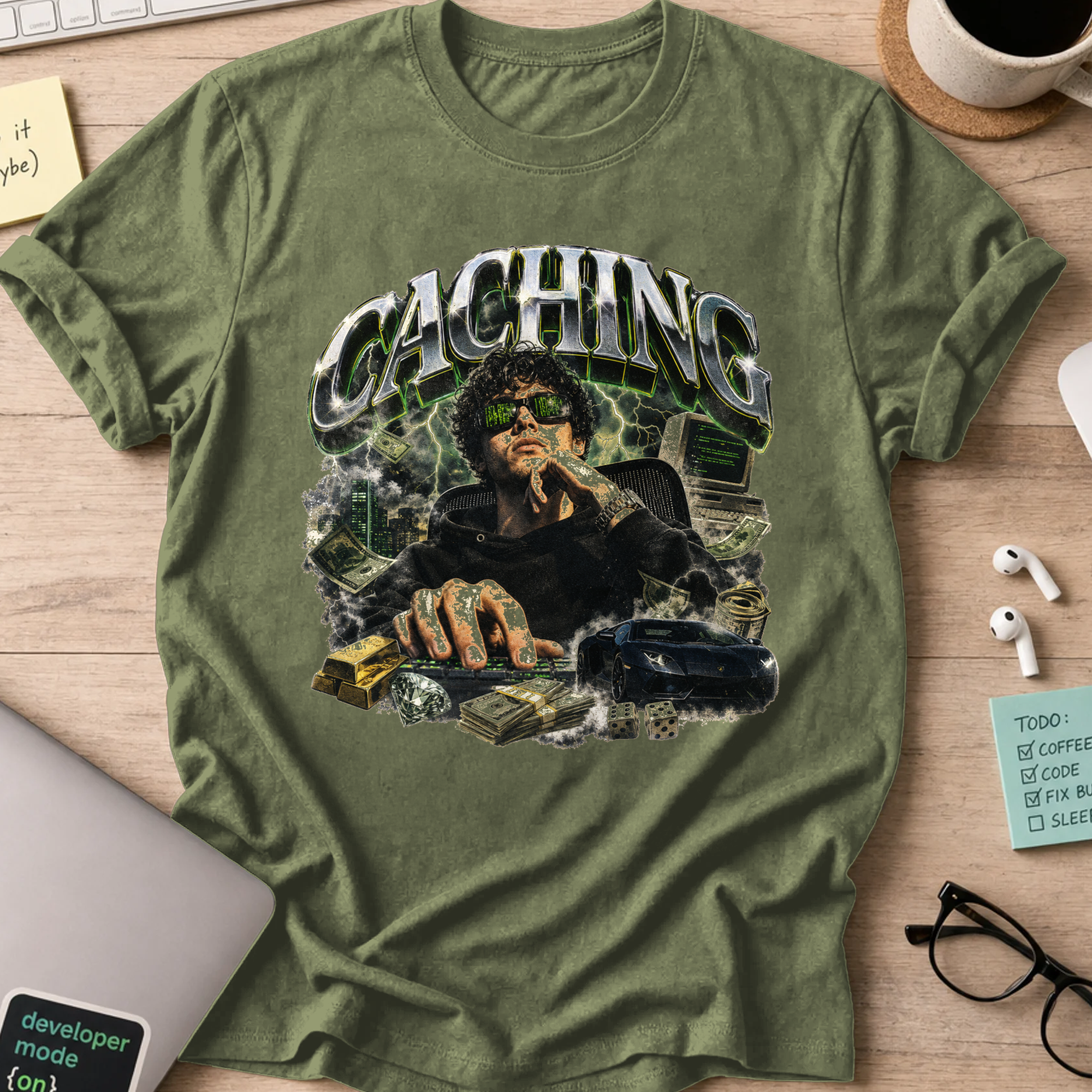 Caching Cyberpunk Graphic Shirt — Military Green storefront mockup