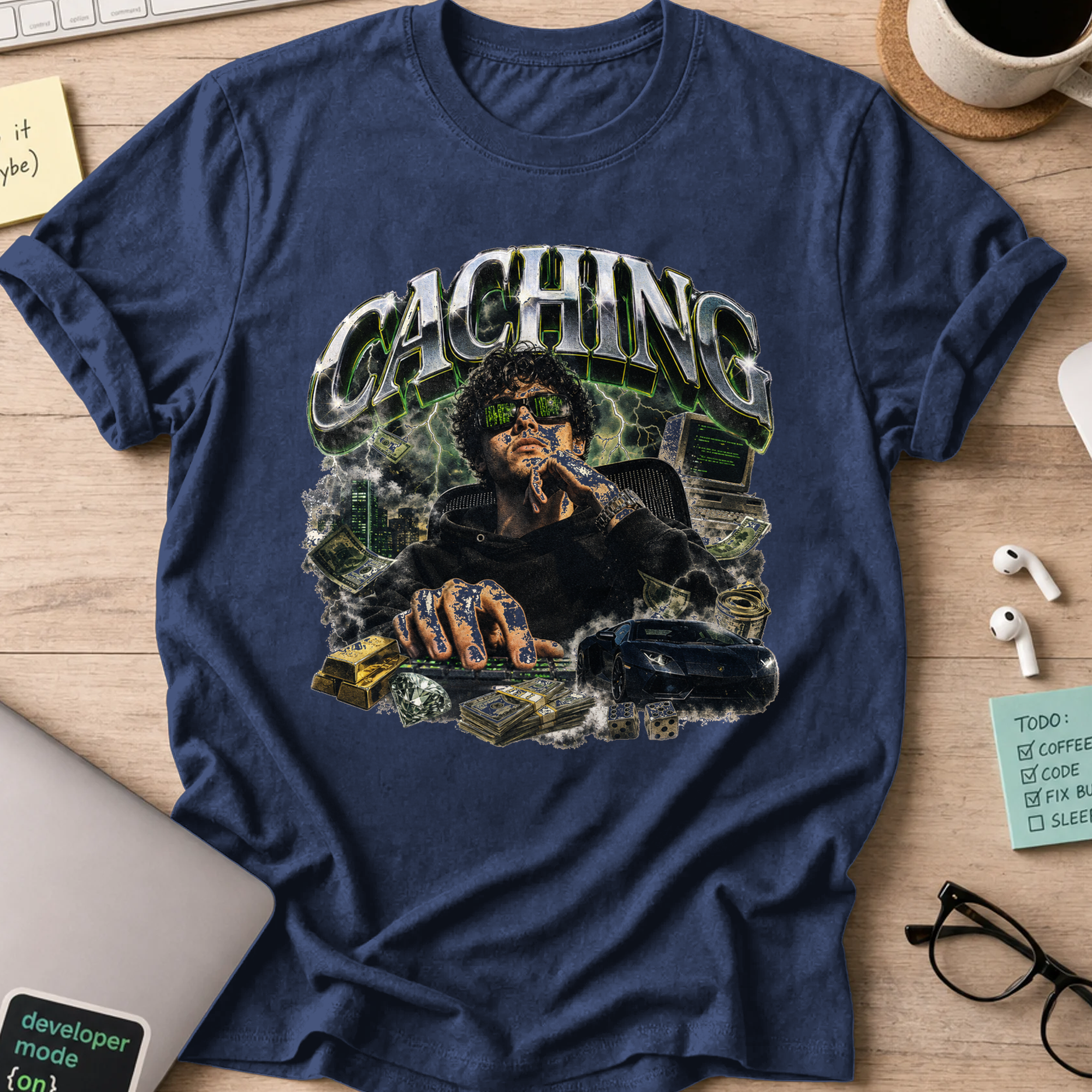 Caching Cyberpunk Graphic Shirt — Navy storefront mockup