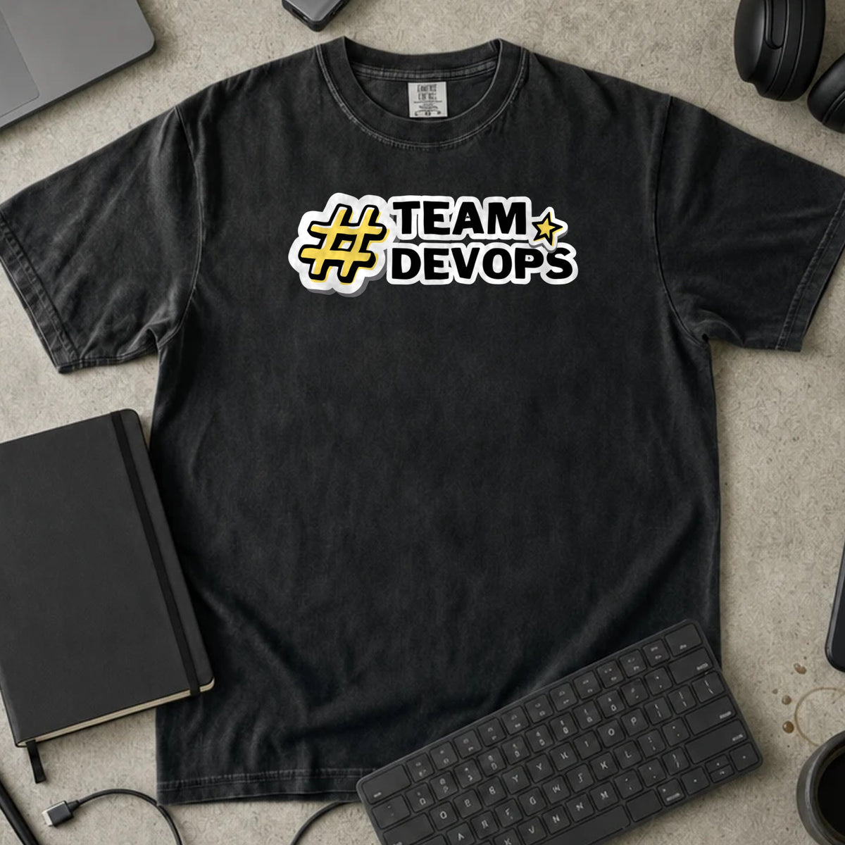 Team DevOps Shirt in Black, Comfort Colors 1717 tee flat lay