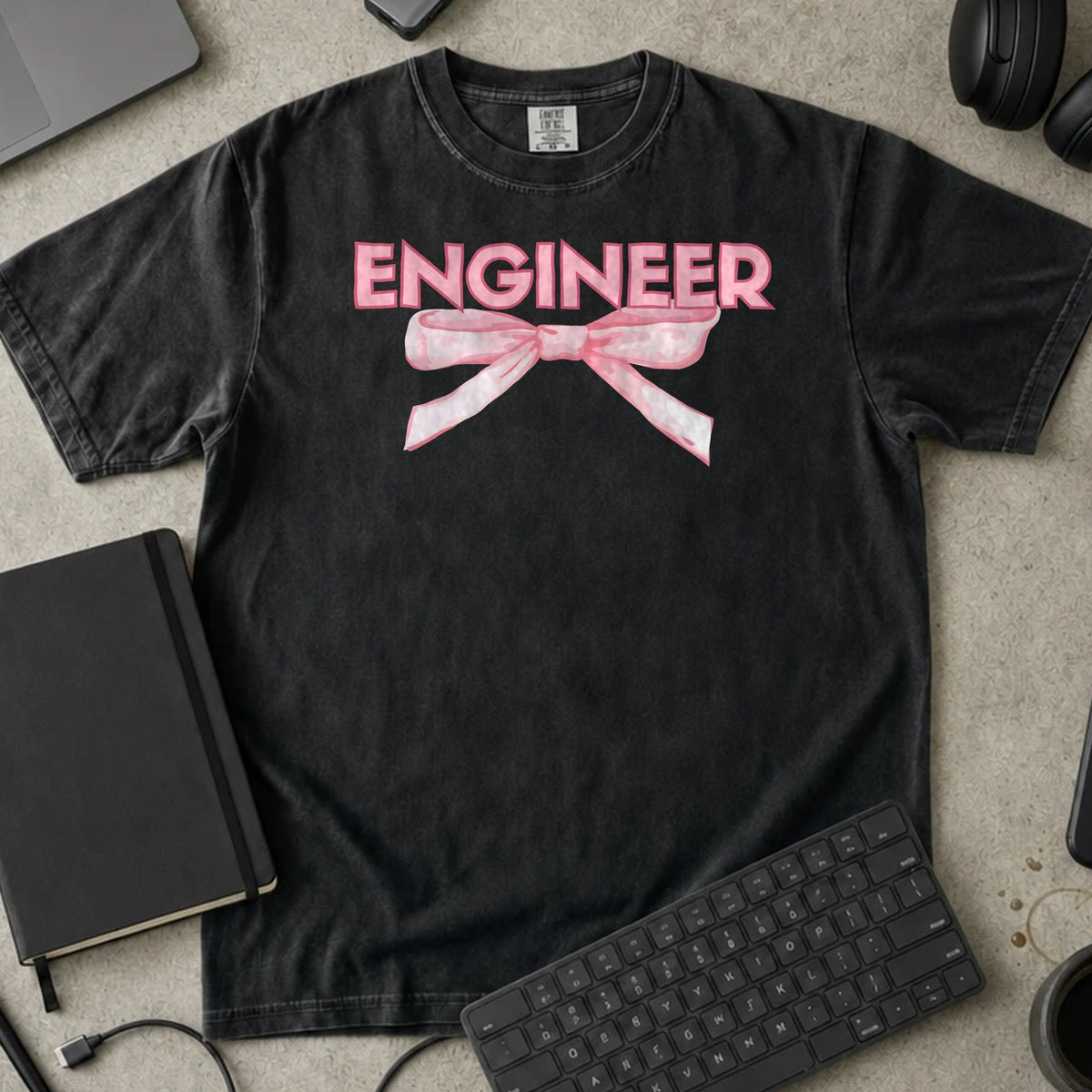 Engineer Bow Shirt in Black, Comfort Colors 1717 tee flat lay