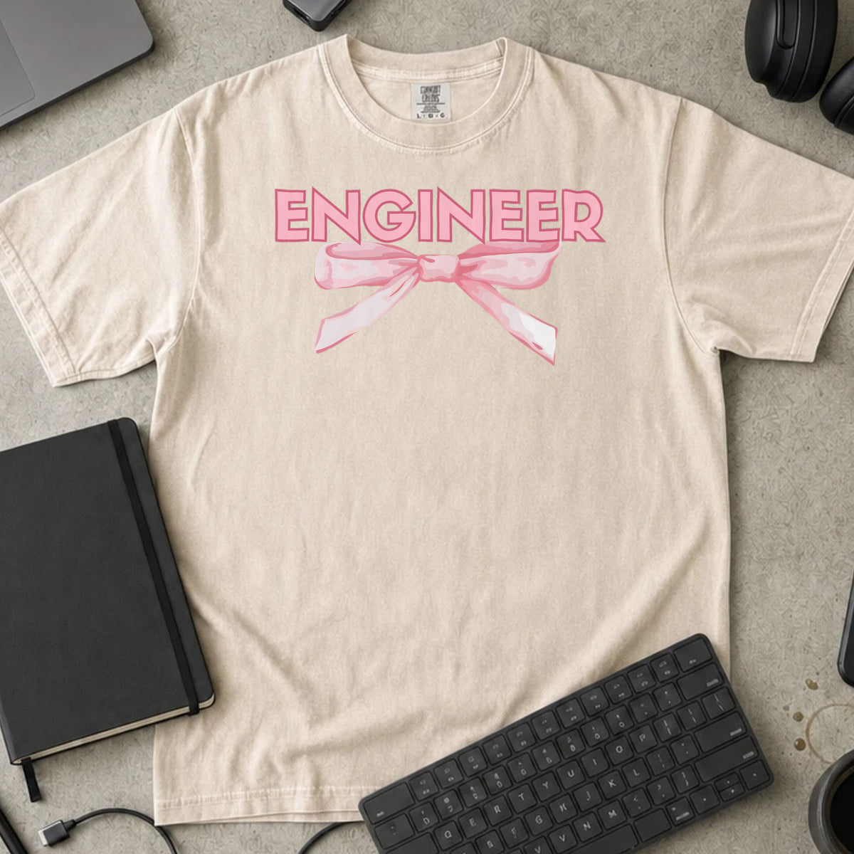 Engineer Bow Shirt in Ivory, Comfort Colors 1717 tee flat lay