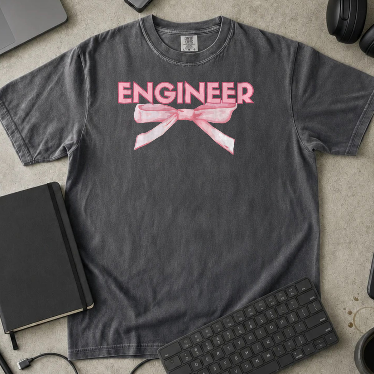 Engineer Bow Shirt in Pepper, Comfort Colors 1717 tee flat lay