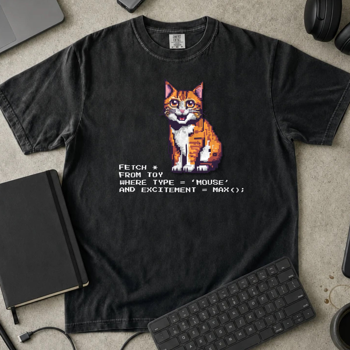Fetch From Toy Cat SQL Shirt in Black, Comfort Colors 1717 tee flat lay