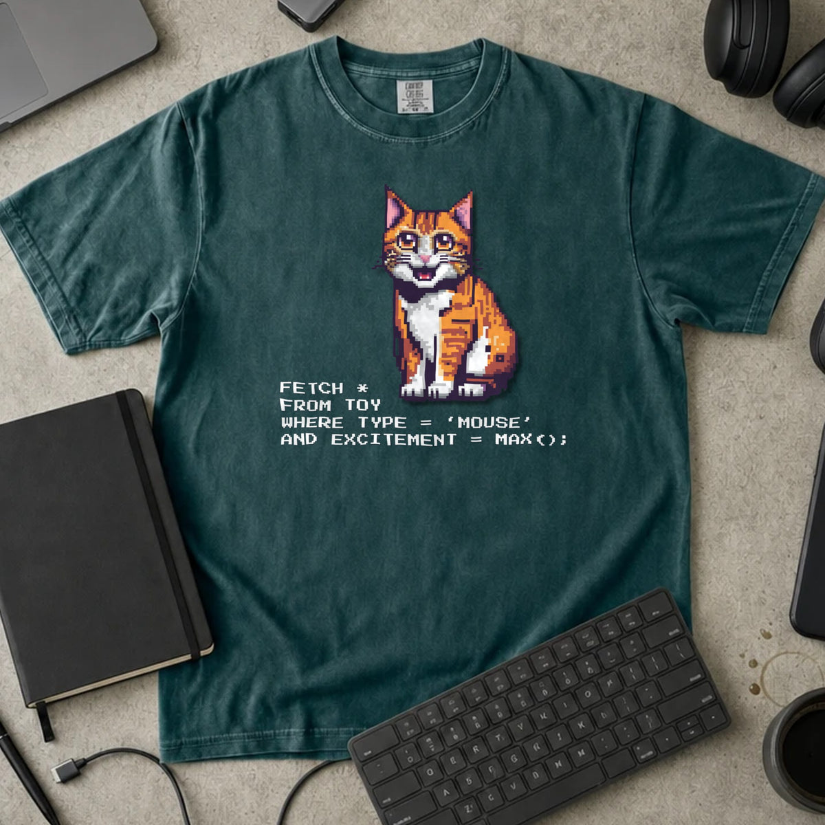 Fetch From Toy Cat SQL Shirt in Blue Spruce, Comfort Colors 1717 tee flat lay