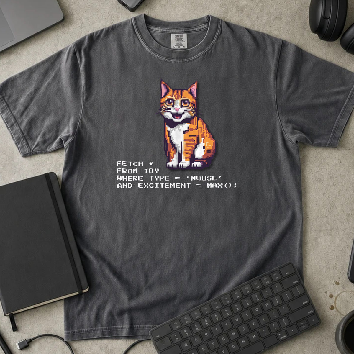 Fetch From Toy Cat SQL Shirt in Pepper, Comfort Colors 1717 tee flat lay