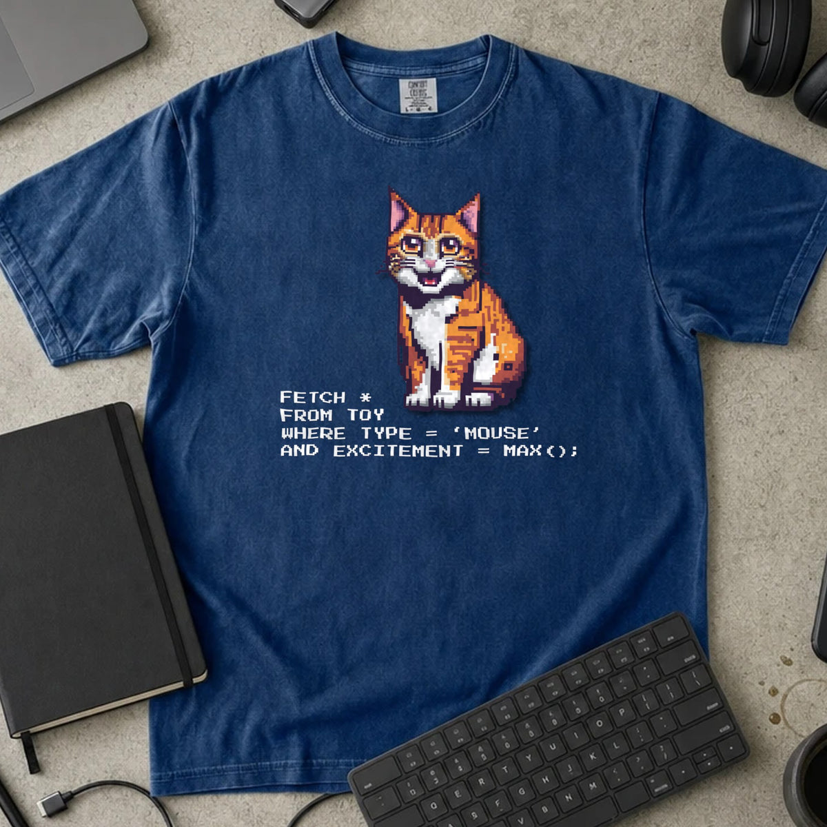 Fetch From Toy Cat SQL Shirt in True Navy, Comfort Colors 1717 tee flat lay
