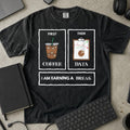 First Coffee Then Data Shirt in Black, Comfort Colors 1717 tee flat lay