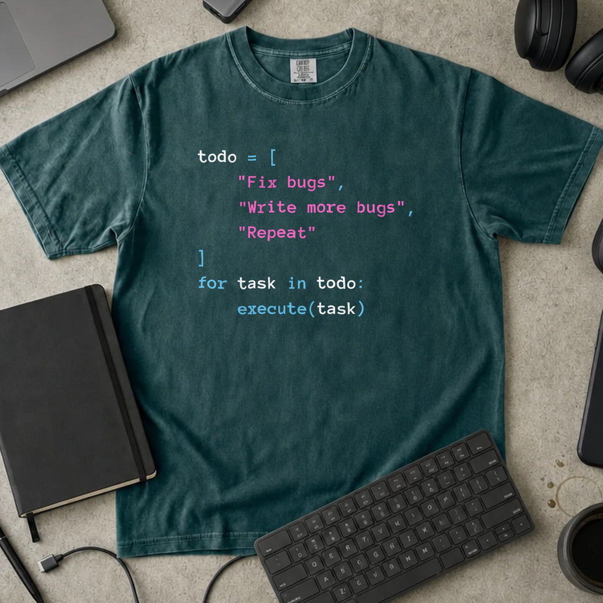 Fix Bugs Write More Bugs Repeat Shirt in Blue Spruce, Comfort Colors 1717 tee flat lay