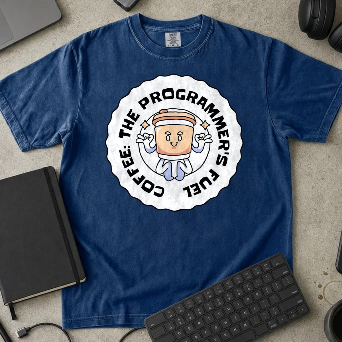 Coffee The Programmer's Fuel Shirt in True Navy, Comfort Colors 1717 tee flat lay