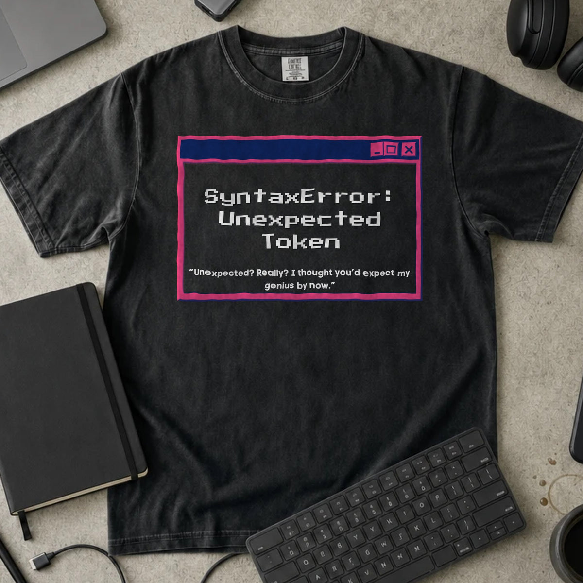 SyntaxError Unexpected Token Shirt in Black, Comfort Colors 1717 tee flat lay