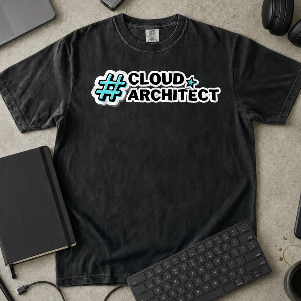 Cloud Architect Hashtag Shirt in Black, Comfort Colors 1717 tee flat lay