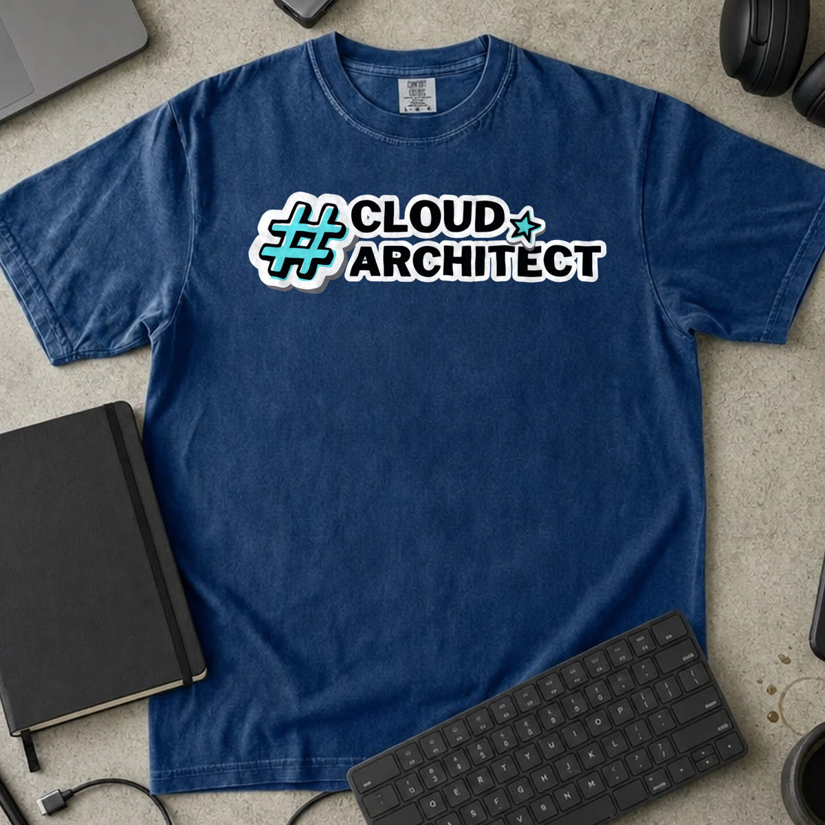 Cloud Architect Hashtag Shirt in True Navy, Comfort Colors 1717 tee flat lay