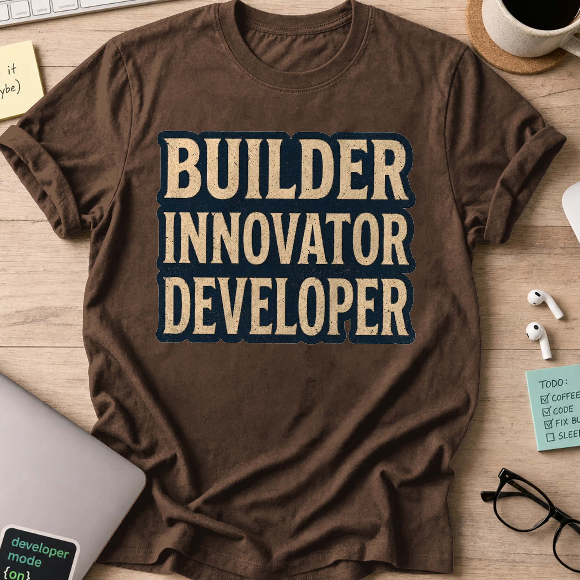 Builder Innovator Developer Vintage Shirt — Dark Chocolate storefront mockup