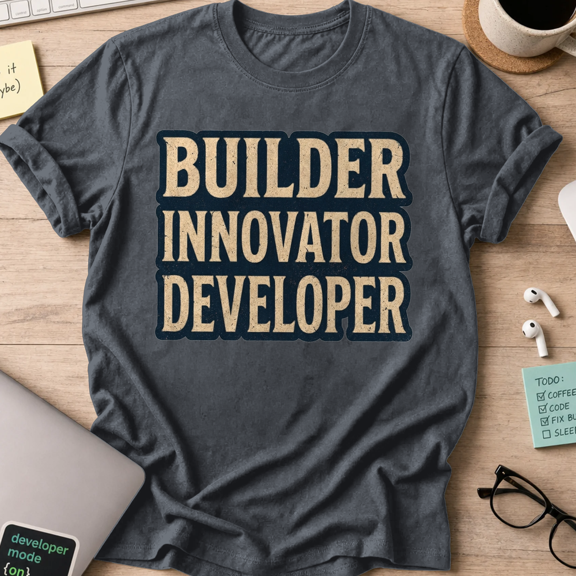 Builder Innovator Developer Vintage Shirt — Dark Heather storefront mockup